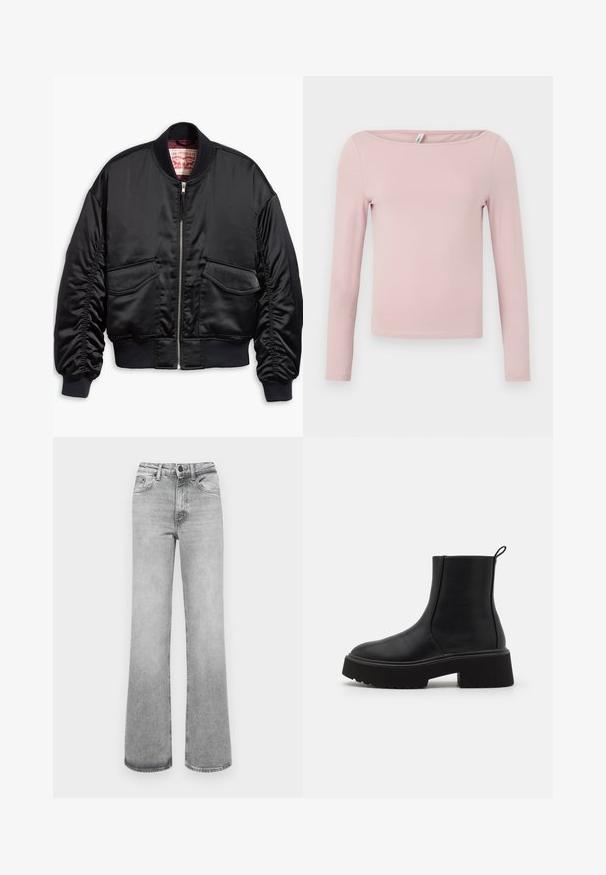 Schwarze Bomberjacke aus glattem Satin mit kurzem Schnitt, ausgestattet mit gerippten Bündchen und Saum, zwei Fronttaschen und einem Reißverschluss.; Langärmliges Oberteil in hellem Rosa, aus weicher Baumwolle gefertigt. Verfügt über einen weiten runden Ausschnitt und eine figurbetonte Silhouette mit einem cropped Saum.; Helle graue, ausgebleichte gerade Jeans mit Fronttaschen, Gürtelschlaufen sowie einem Knopf- und Reißverschluss.; Schwarze Leder-Ankle-Boots mit einer massiven Plateau-Sohle und leichtem Absatz, ausgestattet mit einem seitlichen Reißverschluss und einem Zieh-Tab an der Rückseite.