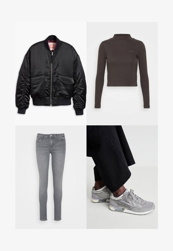 Sort bomberjakke lavet af glat satin med et cropped design, med ribstrikkede manchetter og kant, to forlommer og lynlåslukning.; Brun, langærmet, cropped turtleneck skjorte lavet af ribbet stof. Har et diskret logo på venstre brystområde.; ONLY ONLSHAPE SEAMLESS LONG - Jeans Skinny Fit - medium grey denim; Grå sneakers lavet af ruskind og mesh med en tekstureret panel, polstret sål og lyse accenter, kombineret med sorte bukser.