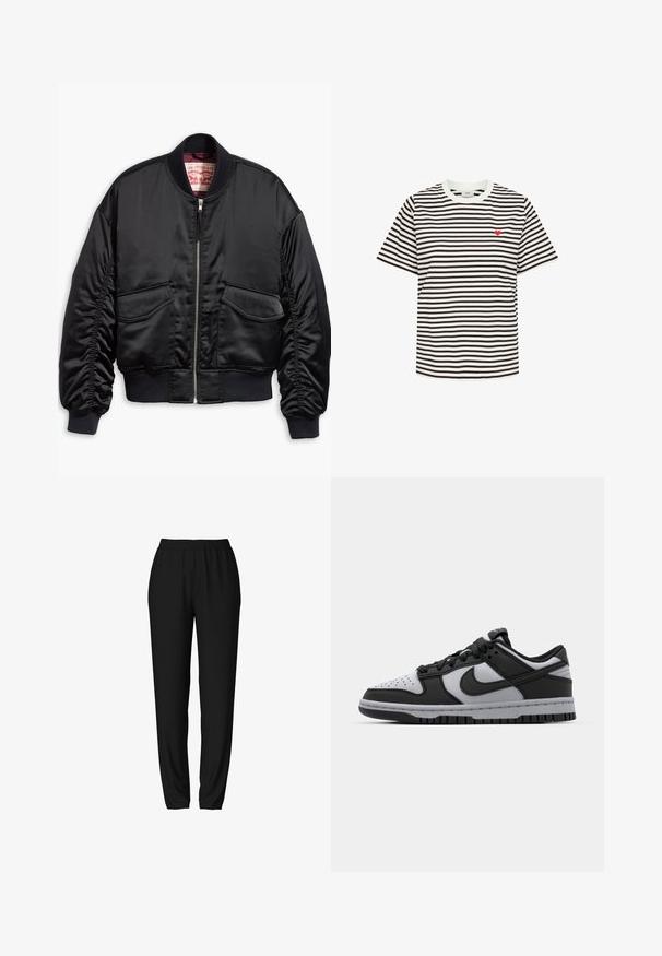 Sort bomberjakke lavet af glat satin med et cropped design, med ribstrikkede manchetter og kant, to forlommer og lynlåslukning.; Sort og hvid vandretstribet kortærmet t-shirt med et lille rødt hjerte broderet på venstre bryst.; Sorte joggingbukser med elastisk talje, tapered ben og en glat, blød tekstur. Enkel, funktionel design uden yderligere accenter.; Sorte og grå Nike Dunk low-top sneakers med perforeret tå, glatte læderdetaljer og gummisål med struktureret mønster.