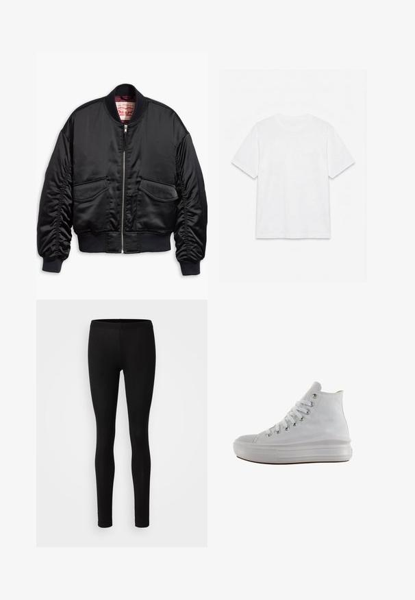 Sort bomberjakke lavet af glat satin med et cropped design, med ribstrikkede manchetter og kant, to forlommer og lynlåslukning.; Hvid ensfarvet t-shirt med korte ærmer og rund hals, lagt fladt på en hvid baggrund.; Sorte leggings lavet af et blødt, strækbart stof. De har en tætsiddende pasform med elastisk talje og en glat, mat overflade.; Hvid højt canvas sneaksko med hvide snørebånd, metaløjer, tyk gummisål og tekstureret tåhætte, vendt mod venstre på en hvid baggrund.