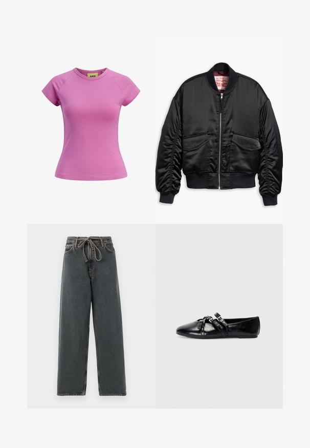 Schwarze Bomberjacke aus glattem Satin mit kurzem Schnitt, ausgestattet mit gerippten Bündchen und Saum, zwei Fronttaschen und einem Reißverschluss.; Kurzes rosa T-Shirt mit rundem Ausschnitt, kurzen Raglannärmeln und taillierter Form. Hergestellt aus glattem Baumwollstoff. Etikett innen sichtbar.; Dunkelblaue Schlagjeans mit einem Kordelzugbund, sichtbaren Nähten und einer glatten Textur. Sie bieten eine lockere Passform und gerade Beine.; Schwarze Leder-Ballerinas mit spitzem Zehenbereich, zwei dekorativen Riemen mit silbernen Schnallen und einer glatten, glänzenden Oberfläche.