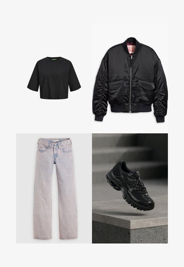 Veste bomber noire en satin lisse au design raccourci, avec poignets et ourlet côtelés, deux poches avant et une fermeture à glissière.; T-shirt en coton noir cropped avec un col rond, des manches courtes et un détail d'étiquette verte au niveau du col. Texture lisse et douce.; Jean en denim délavé clair avec une coupe droite, comprenant un design à cinq poches, une fermeture à double bouton et un délavage minimal.; Chaussure de course noire Nike avec tige en mesh et synthétique flottant au-dessus d'une surface en béton avec des marches en arrière-plan.