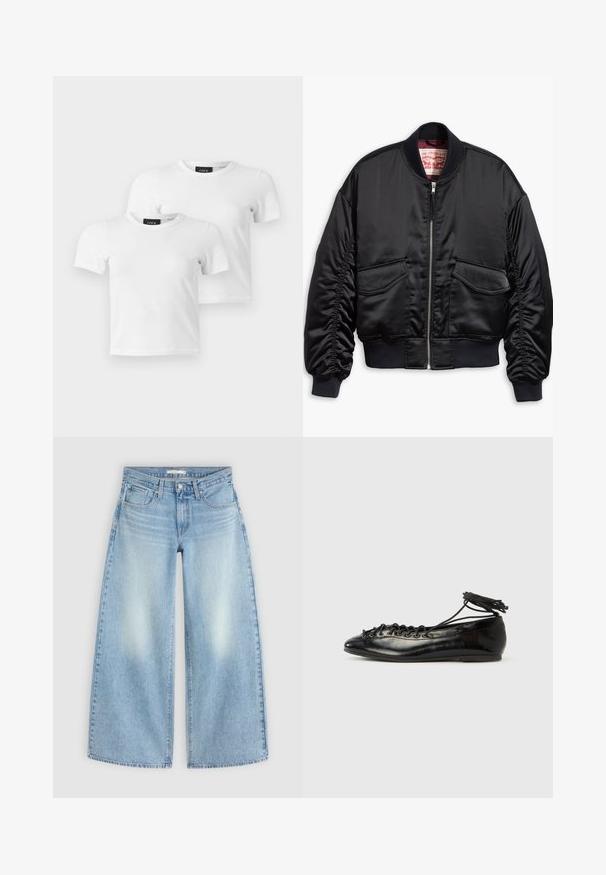 Sort bomberjakke lavet af glat satin med et cropped design, med ribstrikkede manchetter og kant, to forlommer og lynlåslukning.; To enkle hvide T-shirts med korte ærmer og rund hals med JJXX mærke-etiketter vist på en lys grå baggrund.; Lyseblå højttaljede vidbenede jeans med forlommer, bæltestropper og falmede områder på lårene, lagt fladt på en lys baggrund.; Sorte balletflade sko i laklæder med rundet tå, snørelukning og flad sål. Glat tekstur med få detaljer.