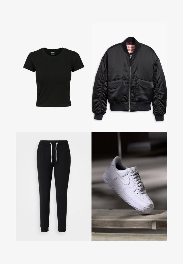 Schwarze Bomberjacke aus glattem Satin mit kurzem Schnitt, ausgestattet mit gerippten Bündchen und Saum, zwei Fronttaschen und einem Reißverschluss.; Schwarzes Kurzarm-T-Shirt aus glattem Baumwollmaterial mit rundem Halsausschnitt und taillierter Form. Keine sichtbaren Muster oder Akzente.; Schwarze Trainingshose mit Kordelzugbund, weißen Kordelakzenten, schmal zulaufenden Beinen und gerippten Bündchen. Hergestellt aus weichem, bequemem Stoff.; Weißer Nike Air Force 1 Sneaker schwebt über einer Betonoberfläche mit Schatten in einem minimalistischen Umfeld.