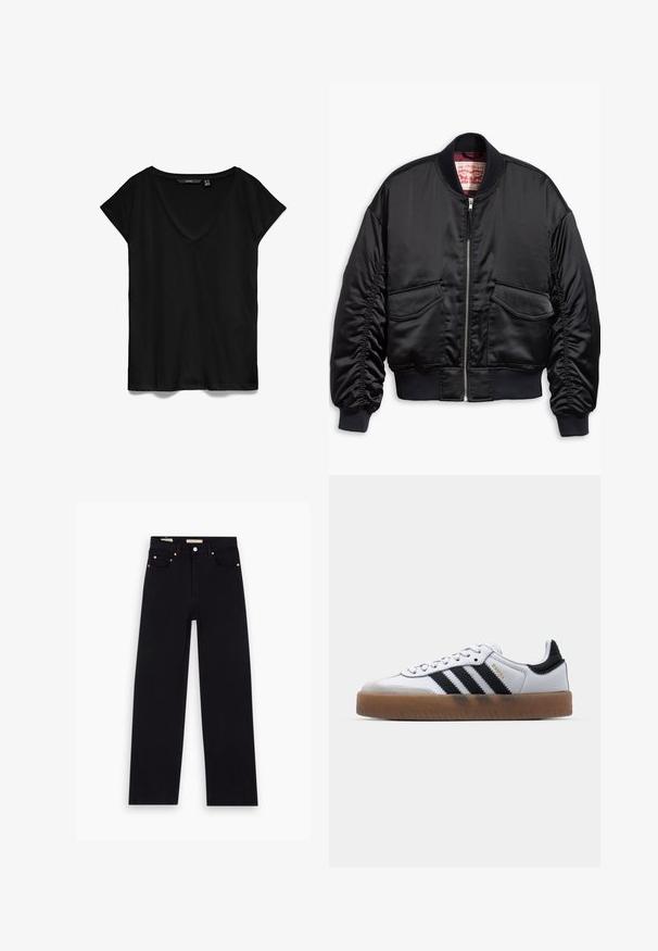 Zwarte bomberjack van glad satijn met een cropped ontwerp, voorzien van geribbelde manchetten en zoom, twee steekzakken aan de voorkant en een ritsluiting.; Zwarte t-shirt met korte mouwen en een V-halsontwerp, gemaakt van zacht stof, met een ontspannen pasvorm en een gladde, licht matte textuur.; Zwarte denim jeans met een recht model, vijf zakken, koperen hardware en een gladde textuur. Twee labels zichtbaar op de tailleband.; Witte leren sneakers met zwarte strepen, gumrubberen buitenzool, ronde neus, vetersluiting en een zachte grijze suède neuskap.