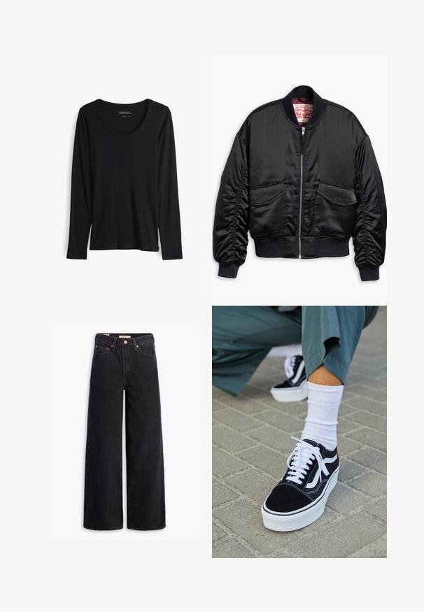Zwarte bomberjack van glad satijn met een cropped ontwerp, voorzien van geribbelde manchetten en zoom, twee steekzakken aan de voorkant en een ritsluiting.; Zwarte longsleeve t-shirt van zacht, soepel stof. Heeft een ronde halslijn en aansluitende mouwen met een rechte zoom. Minimalistisch ontwerp.; Zwarte brede jeans gemaakt van denim, met vijf zakken, koperen klinknagels en een klassieke knoopsluiting. Glad van textuur met een strakke uitstraling.; Zwarte suède sneaker met witte accenten en veters, uitgerust met een dikke witte zool en contrasterende stiksels, gecombineerd met een witte sok.
