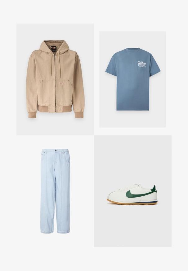 Beige lynlåstrøje med hætte, forlommer, snøre i hætten, ribstrikkede manchetter og kant, samt et lille logo på lommen.; Blå T-shirt med korte ærmer og rund hals med hvidt stiliseret "Carhartt WIP" tekstlogo på venstre bryst.; Lyseblå denimbukser med vide ben og høj talje, dobbelte forlommer foran og synlig syning. Stoffet har en blød, falmet tekstur.; Nike sneakers med en overdel i hvid læder, grønne detaljer, gummisål med tekstureret mønster og klassisk snørebåndsdesign.