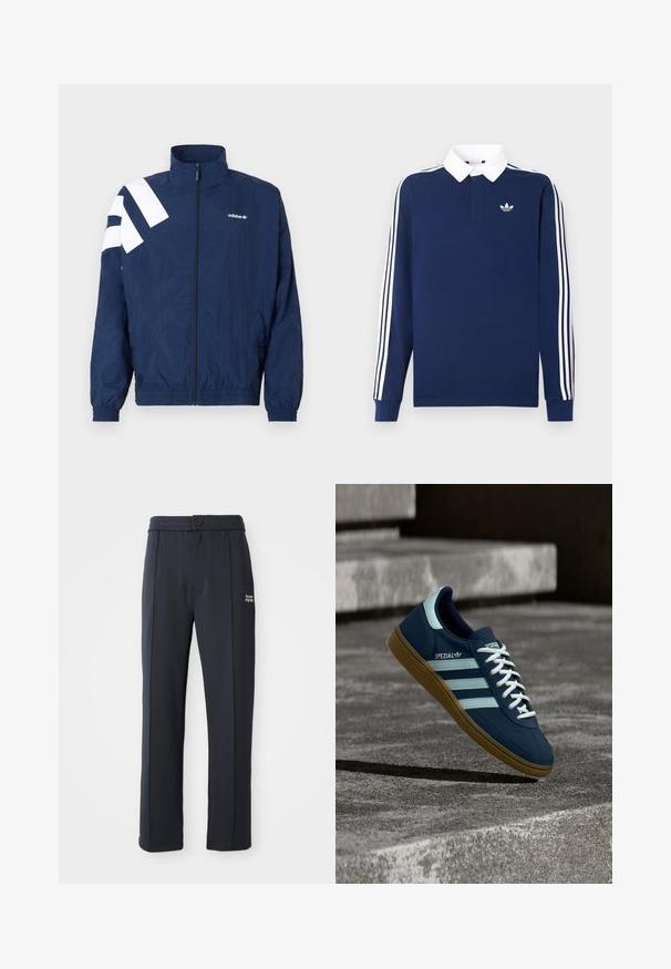 Chaqueta cortavientos azul marino con franjas diagonales blancas en el hombro izquierdo, cuello alto, puños elásticos, cierre de cremallera y bolsillos laterales.; Polo de manga larga azul marino, tejido de algodón, cuello blanco, presenta tres franjas blancas clásicas a lo largo de las mangas, con un pequeño logo en el pecho.; Pantalones rectos negros con cintura elástica, cierre de botón, detalles de costura y pequeño logo blanco "the new originals" en el muslo izquierdo.; Zapatilla azul Adidas Spezial con rayas y cordones blancos, suela de goma, flotando sobre una superficie de hormigón rugosa y escaleras de fondo.