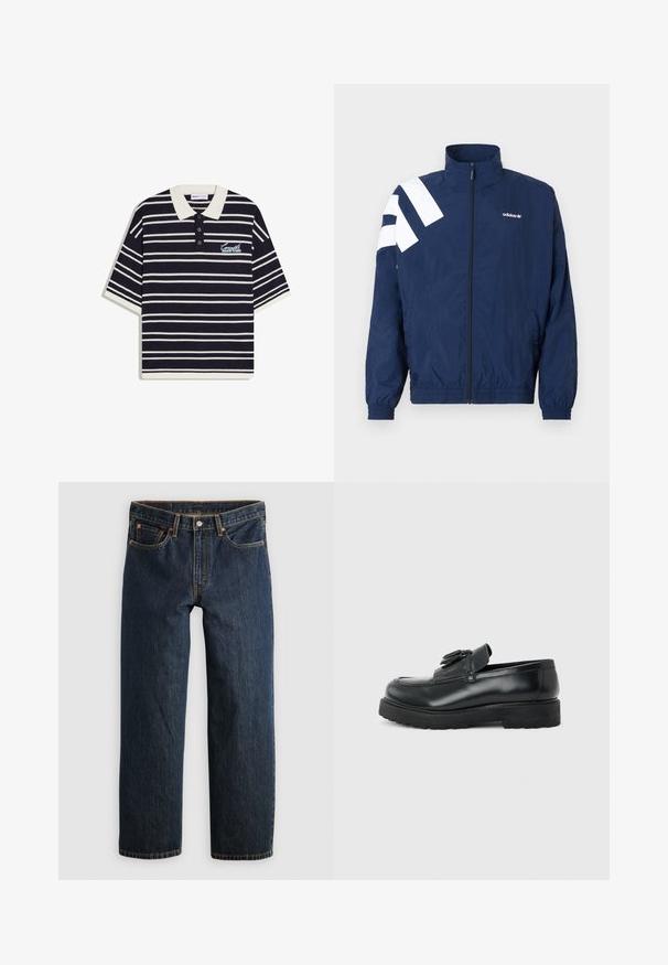 Veste coupe-vent bleu marine avec des bandes blanches diagonales sur l'épaule gauche, col haut, poignets élastiques, fermeture éclair et poches latérales.; Polo à manches courtes rayé bleu marine et blanc avec col blanc, patte à trois boutons et texte "Concept Archive Studio" sur la poitrine.; Jean en denim bleu foncé avec une coupe droite. Comprend cinq poches, des surpiqûres contrastantes et une fermeture à bouton à la taille.; Mocassin en cuir noir avec pampilles, semelle épaisse en caoutchouc et talon bas, présenté de profil sur un fond uni.