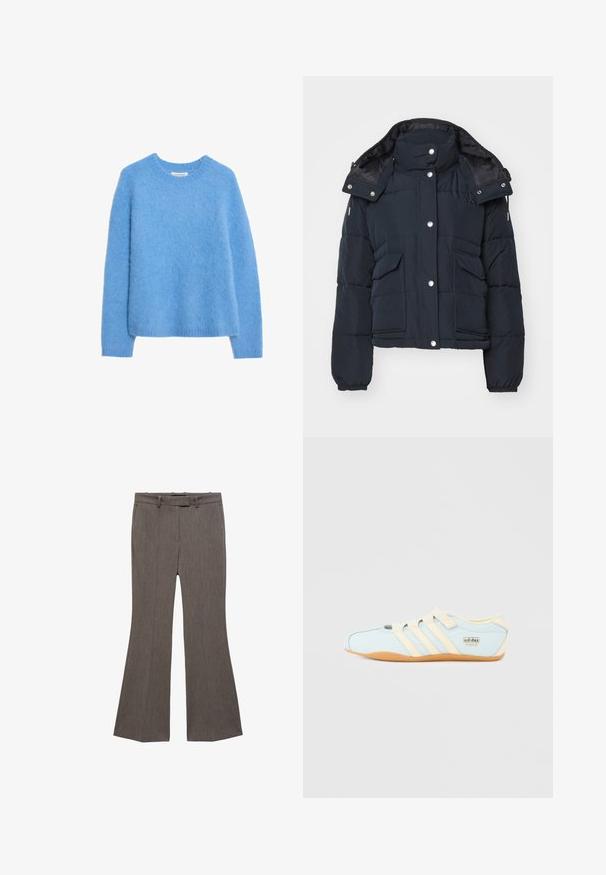 Veste matelassée navy avec un col haut, fermeture à pression sur le devant, deux grandes poches avant et des poignets élastiqués. Texture extérieure lisse.; Pull en tricot duveteux bleu clair avec un col rond, des manches longues et des poignets côtelés. Texture douce avec une coupe décontractée et un ourlet plat.; Pantalons évasés marron en tissu texturé, avec une taille mi-haute classique, des passants de ceinture et un devant plat. Pas de poches visibles.; Baskets Adidas Tokyo bleu clair avec trois bandes beiges, sangles beiges et semelle en gomme sur un fond blanc uni.