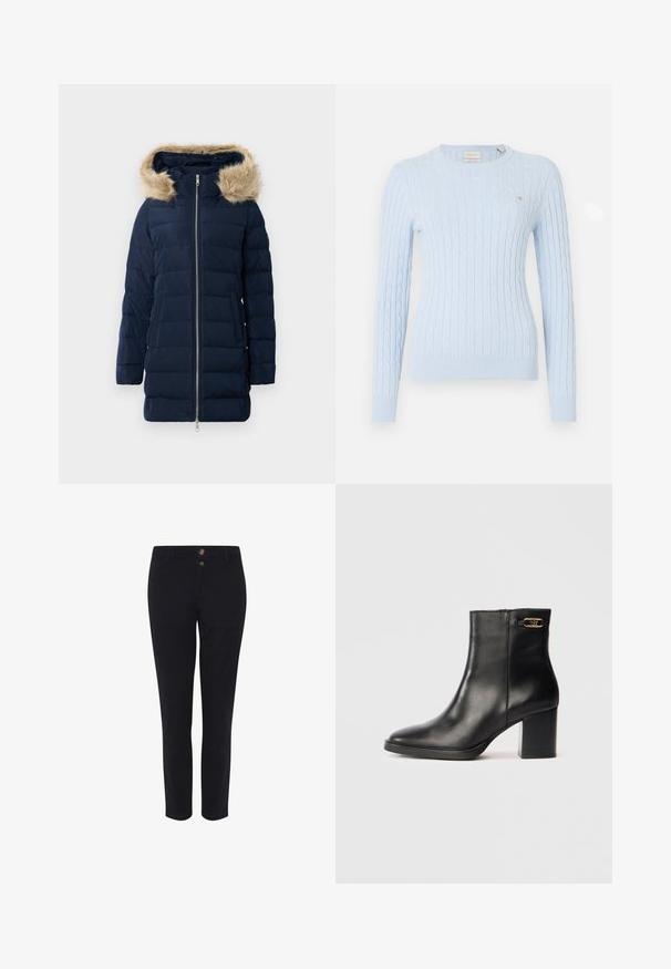 Marineblå dunjakke med en faux fur-fôrret hætte, der har en frontlynlås, sidelommer og et quiltet design til isolering.; Lys blå kabelstrikket sweater med lange ærmer, rund halsudskæring og ribbede manchetter. Har et lille logo på brystet. Blød tekstur.; Sorte skræddersyede bukser lavet af en bomuldsblanding, med to frontknapper, lige snit og en glat tekstur. Ingen synlige mønstre.; Sort læder ankelstøvle med spids tå, chunky blokhælf and en lille guld accent på siden. Glat tekstur med minimal syning.