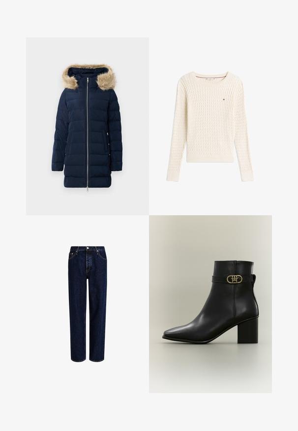 Marineblå dunjakke med en faux fur-fôrret hætte, der har en frontlynlås, sidelommer og et quiltet design til isolering.; Flødefarvet kabelstrikket sweater med lange ærmer, rund hals og lille Tommy Hilfiger-logo på brystet.; Mørkeblå denim jeans med lige ben-design, der har høj talje, fem-lomme-stil og kontrastsyninger. Ingen dekorationer.; Sort læderankelstøvle med blokhæl og dekorativt gyldent spænde på siden mod en lys baggrund.