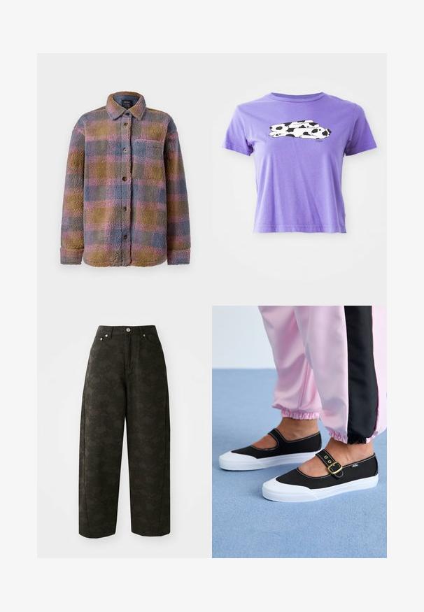 Viltige geblokte jas in gedempte kleuren van bruin, blauw en roze. Heeft een knoopsluiting, lange mouwen en een borstzak. Gezellige textuur.; Paarse katoenen T-shirt met een zwart-wit koe grafisch ontwerp. Korte mouwen en een ontspannen pasvorm met een ronde halslijn.; Donkergroene wijde broek met een gestructureerd bloempatroon, vijf zakken en metalen knoopsluitingen in de taille.; Zwarte canvas schoenen met een witte zool, met een uitgesneden ontwerp en een gouden gespband. Draagt met roze joggingsbroek.