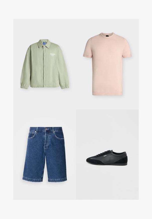 Lysegrøn jakke med knapper, elastiske manchetter, krave, sidelommer og hvidt "HUGO"-logo på venstre bryst.; Lyserød T-shirt med korte ærmer og rund halsudskæring med broderet "BOSS" logo på venstre bryst.; Denim shorts i mørkeblå, med lige skæring, to forlommer og en klassisk knappelukning. Syet kant med let falmning.; Sort lavtop snøresneaker med læder- og ruskindspaneler, flad sål og BOSS-logo på siden.