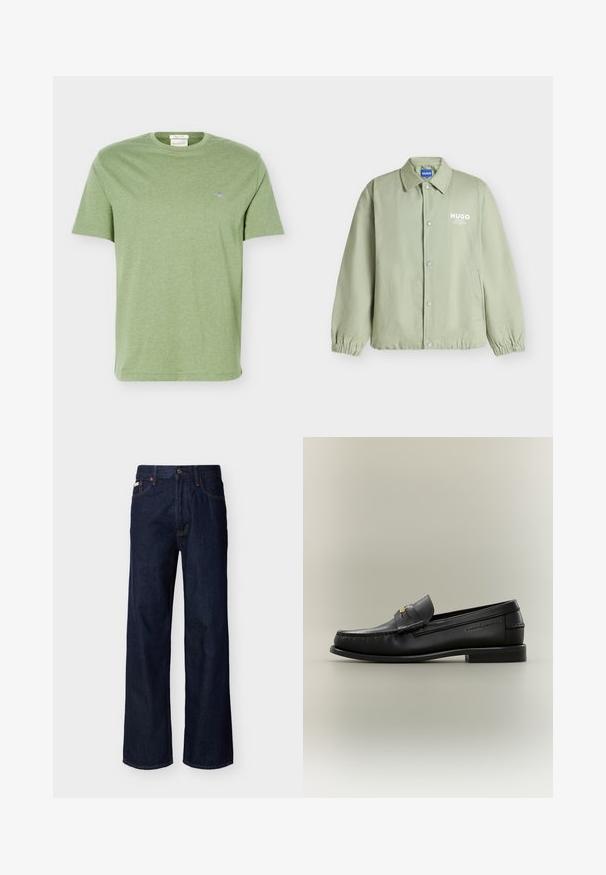 Veste boutonnée vert clair avec poignets élastiques, un col, des poches latérales et le logo blanc "HUGO" sur la poitrine gauche.; T-shirt en coton vert clair à manches courtes, col rond et petit logo brodé sur la poitrine gauche.; Jean droit en denim bleu foncé avec design à cinq poches et fermeture par boutons, présenté sur un fond clair uni.; Mocassin noir en cuir à enfiler avec petit talon, boucle dorée et nom de marque embossé sur le côté sur fond neutre.