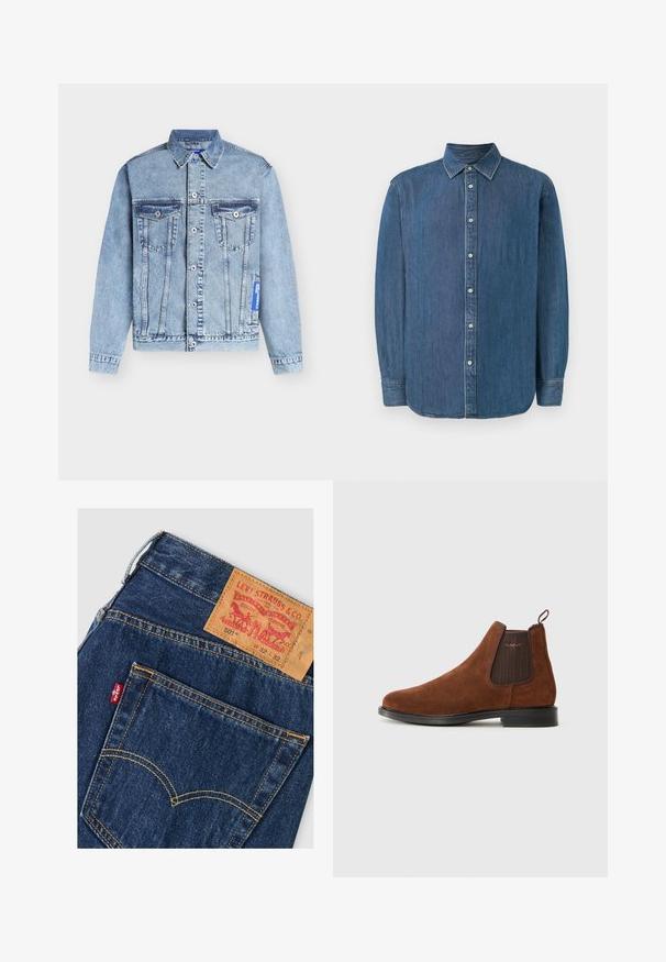 Lichtblauwe spijkerjacket met klassieke kraag, knoopsluiting aan de voorkant, twee borstzakken met knopen en verticale naaddetails.; Denim overhemd, donkerblauw, lange mouwen, klassieke kraag, knopen aan de voorkant en een rechte zoom. De stof heeft een gladde textuur met een lichte glans.; Donkerblauwe denim Levi's jeans met zichtbare achterzak, gele stiksels, rood Levi's-label en een bruine leren merklabel met maatdetails.; Bruine suède Chelsea-boot met een elastische zijpaneel, een lus aan de achterkant, een zwarte zool en een subtiel "GANT"-logo op het zijpaneel.