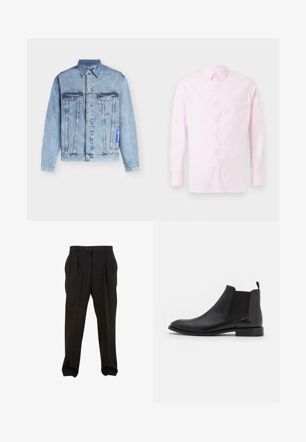 Veste en denim bleu clair avec col classique, fermeture boutonnée, deux poches poitrine à boutons et détails de coutures verticales.; Chemise rose clair à manches longues avec col à boutons, boutons sur le devant et petit logo vert sur la poitrine, en tissu de coton.; Pantalon noir taille haute plissé avec passants de ceinture, fermeture par bouton et jambes fuselées présenté sur fond blanc.; Bottine Chelsea en cuir noir avec des panneaux latéraux élastiques, un bout arrondi et un petit talon. Texture lisse avec un design minimaliste.