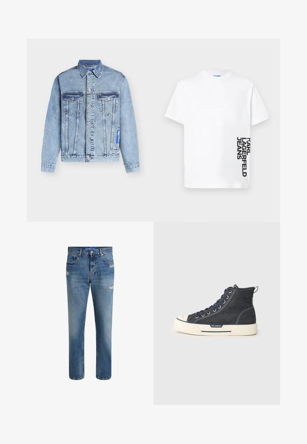 Hellblaue Denimjacke mit klassischem Kragen, Knopfleiste vorne, zwei mit Knöpfen verschließbaren Brusttaschen und vertikalen Nahtdetails.; Weißes T-Shirt mit kurzen Ärmeln und dem senkrecht am unteren rechten Rand aufgedruckten Schriftzug "KARL LAGERFELD JEANS" in Schwarz.; Helle blaue Denim-Jeans mit geradem Schnitt, die sanfte Verblassungen und distressed Akzente aufweisen. Mit einem Knopfverschluss und fünf Taschen.; Hochschnittige Sneaker aus dunklem Denim mit einer cremefarbenen Gummisohle, ausgestattet mit marineblauen Schnürsenkeln und einer Zuglasche an der Rückseite. Logo an der Seite.