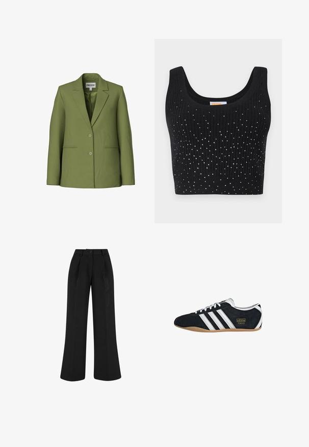 Blazer vert olive cintré avec revers crantés, deux boutons, manches longues et deux poches fendues devant de la marque Pieces.; Crop top noir à côtes avec décolleté arrondi et embellissements en sequins argentés dispersés sur le devant.; Pantalon noir taille haute à jambes larges avec plis devant, passants de ceinture et fermeture par bouton à la taille.; Sneakers en suede noir avec trois bandes blanches, logo doré et semelle en caoutchouc marron. Présente un design à lacets à profil bas.