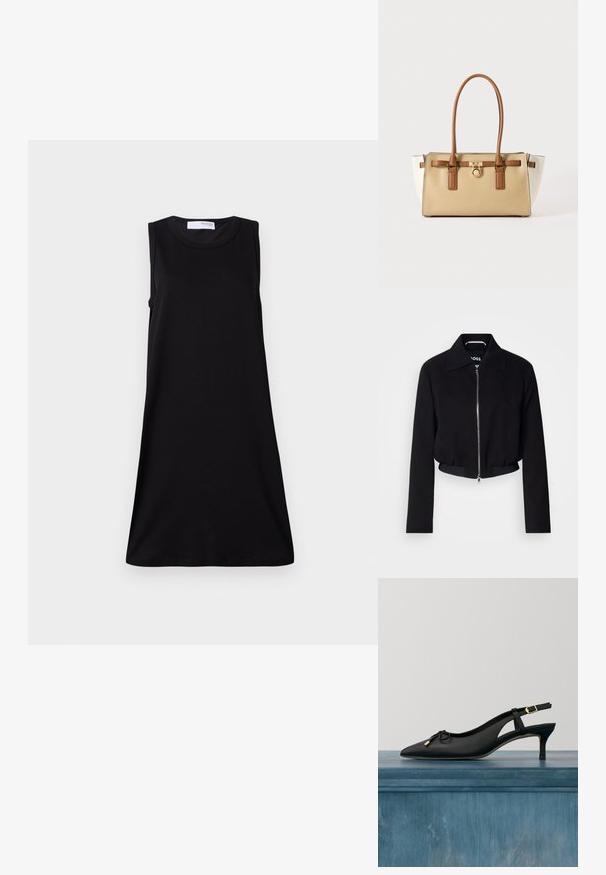 Sort cropped jakke med frontlynlås, klassisk krave, lange ærmer og ribbet kant. Fremstillet af et glat materiale uden synlige mønstre.; Sort ærmeløs kjole med rund halsudskæring, A-linje form, lavet af glat materiale, med et enkelt, udekoreret design.; Sort spids slingback kitten heel-sko med en lille sløjfe og guldspænde, vist mod en ensfarvet betongulv og tekstureret baggrund.; Rektangulær beige håndtaske med brune håndtag og accenter, sidepaneler i hvid og en gylden cirkulær spænde foran.