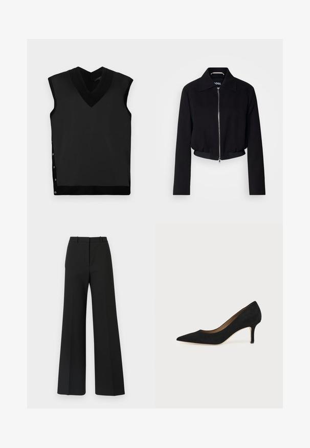 Sort cropped jakke med frontlynlås, klassisk krave, lange ærmer og ribbet kant. Fremstillet af et glat materiale uden synlige mønstre.; Sort ærmeløs top med V-hals, glat tekstur, kontrasterende ribbet halskant og trykknapdetalje på venstre side.; Sorte buks med vide ben og skræddersyet design, der har en glat tekstur og subtile plisseringer foran. Ingen synlige detaljer eller mønstre.; Sort ruskind spids tå højhælet pumpe med en slank mellemhøj stilethæl og et lavt snit på en ensfarvet baggrund.