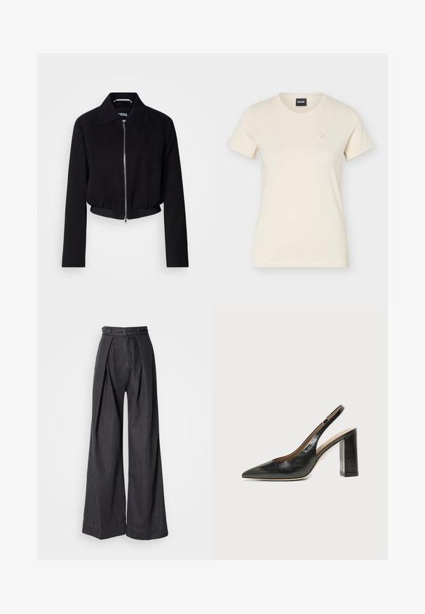 Sort cropped jakke med frontlynlås, klassisk krave, lange ærmer og ribbet kant. Fremstillet af et glat materiale uden synlige mønstre.; Kremfarvet T-shirt med korte ærmer og rund halsudskæring, med lille broderet logo på venstre bryst og sort "BOSS" mærke indeni kraven.; Bredde ben sorte denimbukser med høj talje, der har frontfolder og en klassisk lynlås lukning. Sprød, glat tekstur med en ren finish.; Sort læder peep-toe slingback sko med høj blokhæl og beige indvendig foring mod en ensfarvet lys baggrund.
