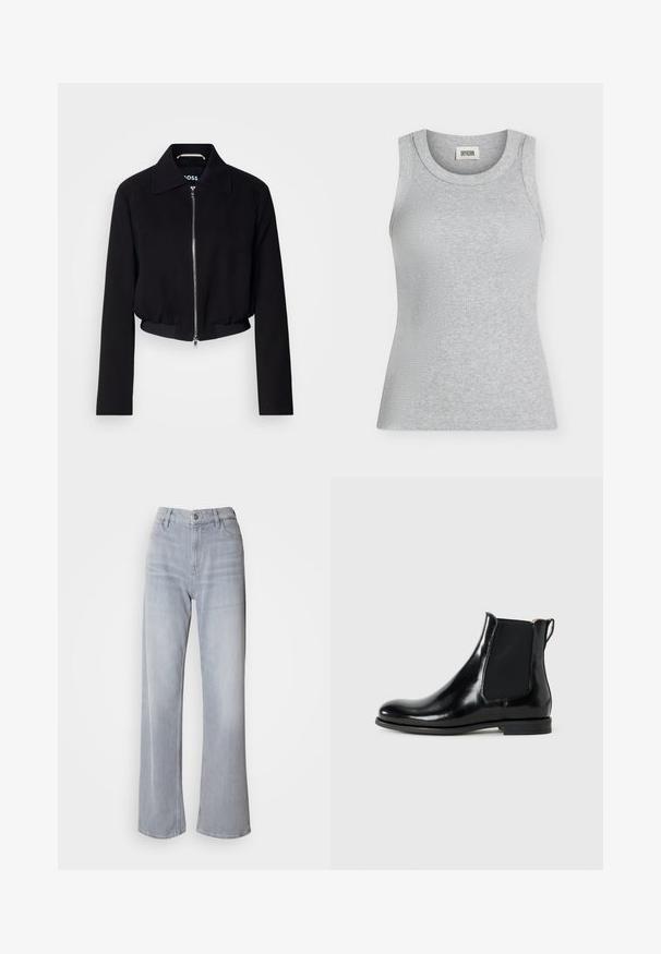 Sort cropped jakke med frontlynlås, klassisk krave, lange ærmer og ribbet kant. Fremstillet af et glat materiale uden synlige mønstre.; Lysegrå ribbet ærmeløs tanktop med rund halsudskæring og en DRYKORN-label inde i kraven.; Lys grå vidde jeans med høj talje, lavet af denim. Har forlommer, lynlås og subtil falmen over det hele.; Sorte polerede læder Chelsea støvle med elastisk sidepanel og træksløjfe på en hvid baggrund, sidevisning.