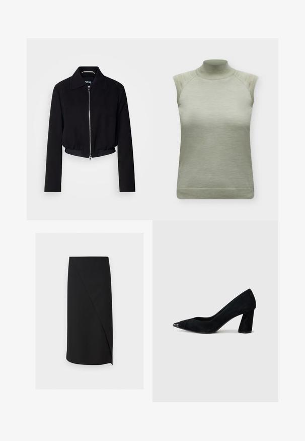 Zwarte cropped jas met een ritssluiting aan de voorkant, klassieke kraag, lange mouwen en geribbelde zoom. Gemaakt van een glad materiaal zonder zichtbare patronen.; Mouwloze lichtgroene gebreide top met een hoge col en geribbelde randen op de schouders en zoom.; Zwarte kokerrok tot op de knie met een asymmetrisch voorpand detail op een witte achtergrond.; Zwarte suède hoge hakpumps met een puntige neus, voorzien van een glanzende zwarte kapneus en een chunky, taps toelopende hak.
