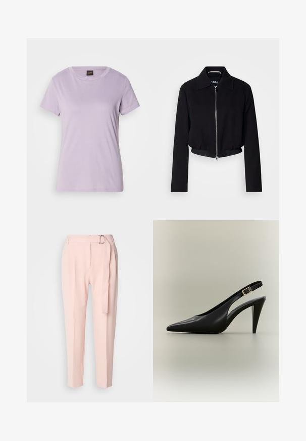 Sort cropped jakke med frontlynlås, klassisk krave, lange ærmer og ribbet kant. Fremstillet af et glat materiale uden synlige mønstre.; Lys lilla bomulds t-shirt med rund halsudskæring, korte ærmer og en diskret skrifttype logo dekorert med rhinsten på brystet.; Lyserøde bukser med en løs pasform, der har et bælte med en sølvspænde, flad forside og presset fold for ekstra detaljer.; Sort læder slingback med spids tå, høj hæl, guldlås og tilspidset hæl på en neutral baggrund.