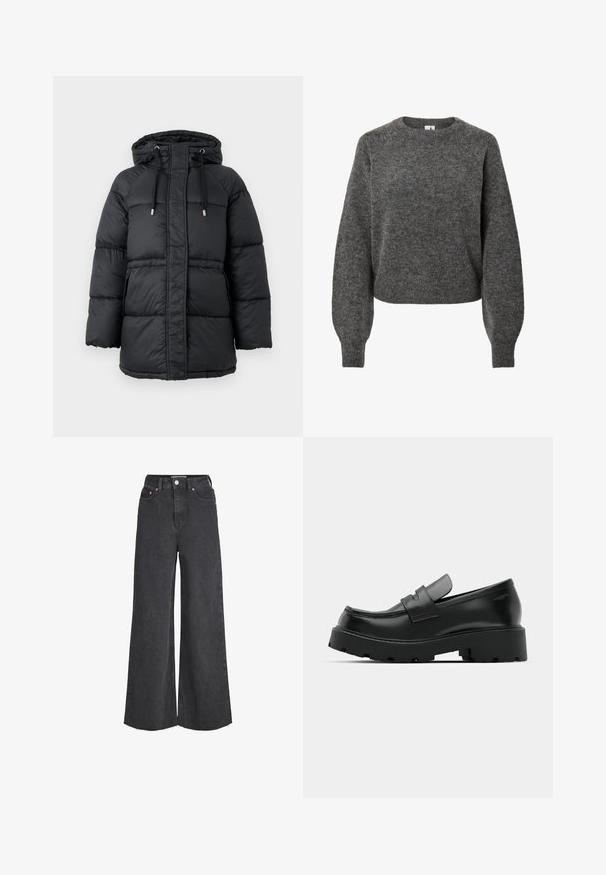 Abrigo largo acolchado negro con capucha, que presenta un cierre frontal con cremallera, cordones ajustables y una textura suave y brillante.; Suéter de lana gris oscuro de mangas largas con cuello redondo y mangas ligeramente abullonadas, textura de punto y puños y dobladillo acanalados.; Vaqueros negros de tiro alto y pierna ancha con cierre frontal de botón y cremallera, bolsillos delanteros y dobladillos deshilachados.; Mocasines de cuero negro con suela gruesa y texturizada, que presentan una correa sobre el empeine y un acabado suave y pulido.