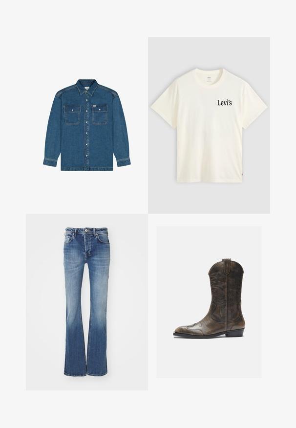 Wrangler LONG SLEEVE LOOSE FIT - Jeansjacke - retro blue; Weißes T-Shirt mit kurzen Ärmeln und Rundhalsausschnitt mit kleinem schwarzem Levi's-Logo auf der linken Brustseite vor einfarbigem Hintergrund.; Ausgestellte blaue Jeans aus Denim mit mittlerem Waschungsgrad, im Fünf-Taschen-Design und mit Knopfverschluss. Verfügt über eine ausgebleichte Textur und leichte Abnutzungsspuren.; Braune Leder-Cowboystiefel mit hohem Schaft, spitzem Zehenbereich, aufwendigen Stickmustern und kleinem Absatz. Strukturierte Oberflächenbeschaffenheit.