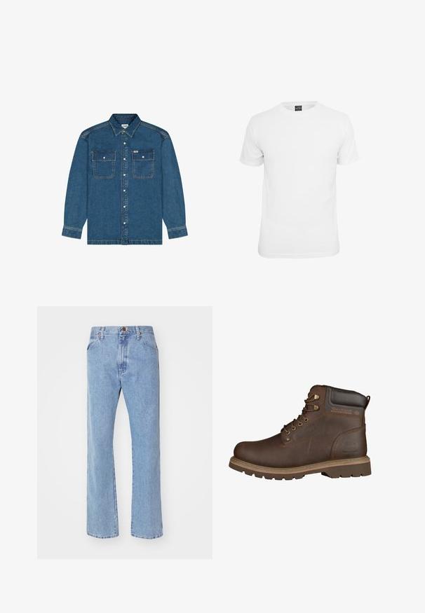 Wrangler LONG SLEEVE LOOSE FIT - Jeansjacke - retro blue; Weißes T-Shirt mit kurzen Ärmeln, aus Baumwolle, mit Rundhalsausschnitt und glatter Textur, entworfen für lässige Kleidung.; Hellblaue Jeans mit geradem Bein, Frontknopf- und Reißverschluss, Gürtelschlaufen und normalen Vordertaschen.; Braune Lederankelstiefel mit runder Zehenpartie, metallenen Ösen, Schnürdesign, Gummisohle und leichten Steppnähten.