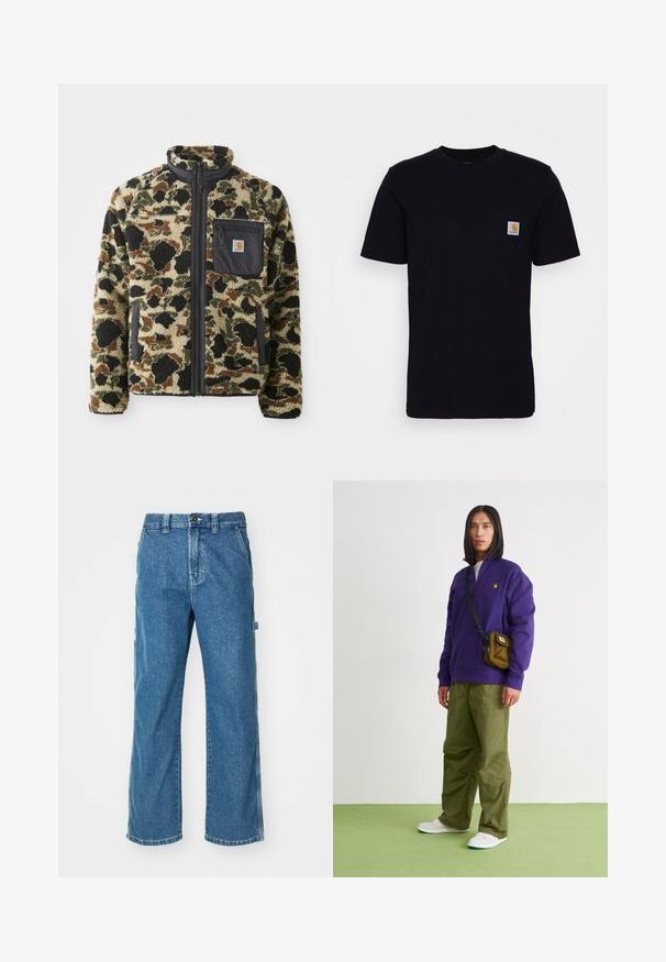 Chaqueta de forro polar texturizado con un patrón de leopardo en tonos marrón, negro y verde, que cuenta con un cierre frontal de cremallera y un bolsillo negro con un emblema.; Camiseta de algodón negra con mangas cortas, cuello redondo y un bolsillo en el pecho que presenta un pequeño parche de logo cuadrado. Diseño simple y sólido.; Pantalones cargo de mezclilla azul con un corte relajado, que cuentan con bolsillos laterales, cremallera en la bragueta y costuras de contraste en las costuras.; Jordan AIR JORDAN 1 ZM CMFT 2 - Zapatillas altas - summit white/bicoastal/oxidized green
