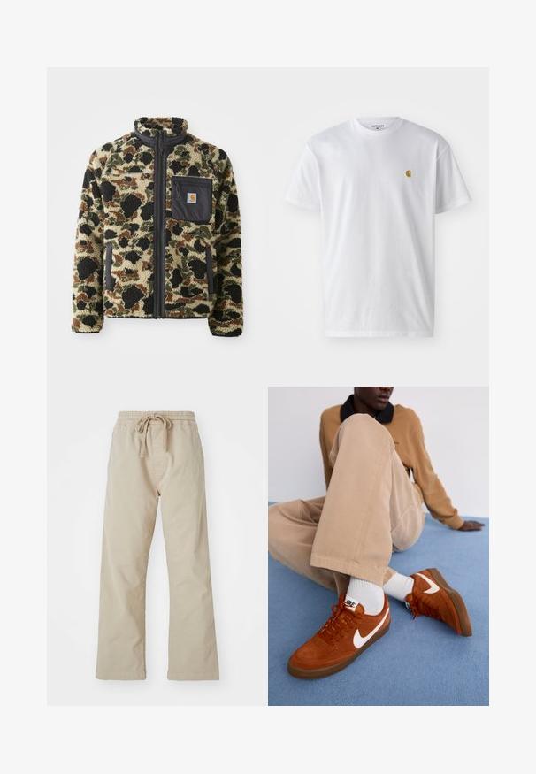 Chaqueta de forro polar texturizado con un patrón de leopardo en tonos marrón, negro y verde, que cuenta con un cierre frontal de cremallera y un bolsillo negro con un emblema.; Camiseta de algodón blanca con mangas cortas, cuello redondo, que presenta un pequeño logo dorado en la parte izquierda del pecho. Textura suave y corte regular.; Pantalones de algodón beige con cintura elástica y cordón ajustable. Diseño de pierna recta, textura suave y sin patrones o acentos visibles.; Zapatillas de ante marrón con el logo de Nike en blanco y suelas de goma, combinadas con pantalones beige claros y calcetines cortos blancos sobre una superficie azul.