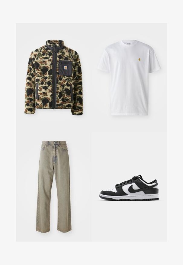 Textureret fleecetrøje med leopardmønster i tan, sort og grøn, der har en frontlynlås og en sort lomme med et emblem.; Hvid bomulds t-shirt med korte ærmer, rund hals og et lille guld logo på venstre brystområde. Blød tekstur og almindelig pasform.; Lys grå brede jeans i denim, med en falmet tekstur, synlige syninger og traditionel knap- og lynlåslukning.; Sort og hvid Nike Dunk sneakers med læderoverdel, perforeret tå, sorte snørebånd og en sort gummisål med slidbanedesign.