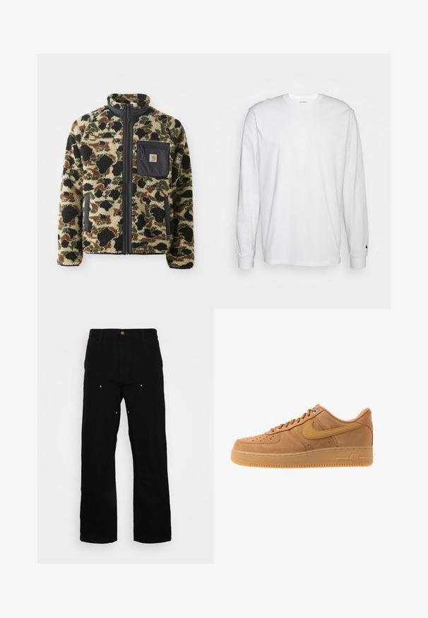 Textureret fleecetrøje med leopardmønster i tan, sort og grøn, der har en frontlynlås og en sort lomme med et emblem.; Hvid langærmet T-shirt lavet af bomuld. Rund halsudskæring med ribbede manchetter og et lille logo på venstre ærme. Glat tekstur.; Sorte denimbukser med lige ben, udstyret med guld hardware-detaljer og synlige syninger på for- og baglommer.; Nike Sportswear AIR FORCE 1 07 - Sneakers - flax/wheat/light brown/black/team gold