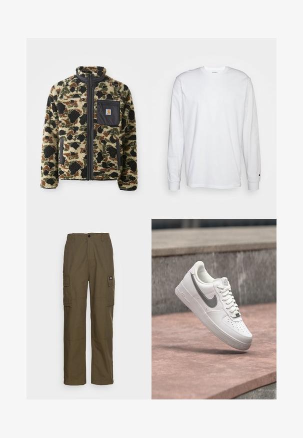 Textureret fleecetrøje med leopardmønster i tan, sort og grøn, der har en frontlynlås og en sort lomme med et emblem.; Hvid langærmet T-shirt lavet af bomuld. Rund halsudskæring med ribbede manchetter og et lille logo på venstre ærme. Glat tekstur.; Cargo bukser i olivengrøn, lavet af slidstærkt stof. Har to sidelommer, en standard talje og en lige ben design.; Hvid Nike Air Force 1 sneaker med gråt swoosh-logo svævende over en stensurface og en grå stenvæg i baggrunden.