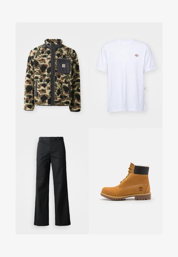 Chaqueta de forro polar texturizado con un patrón de leopardo en tonos marrón, negro y verde, que cuenta con un cierre frontal de cremallera y un bolsillo negro con un emblema.; Camiseta de algodón blanca con cuello en V y mangas cortas. Presenta un pequeño logo bordado de colores en el lado izquierdo del pecho. Textura suave.; Pantalones de pierna ancha negros en una tela suave. Cuenta con un cierre de botón, lazos para cinturón y bolsillos laterales. Silueta limpia y ajustada.; Botín de cuero marrón con ojales de metal, forro de piel sintética blanca, cuello acolchado negro, suela resistente y logotipo en relieve en el costado.