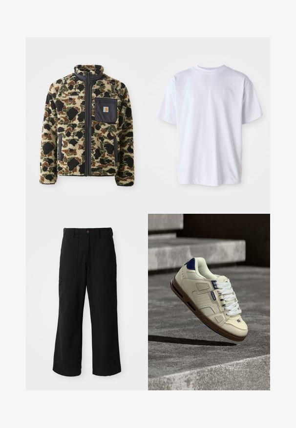 Veste en polaire texturée avec un motif léopard en tan, noir et vert, comportant une fermeture éclair à l'avant et une poche noire avec un emblème.; T-shirt en coton blanc avec un col rond et des manches courtes. Présente un logo subtil brodé de la même couleur sur la poitrine gauche.; Pantalons noirs à large jambe en tissu doux, dotés de poches avant et d'une fermeture à bouton à la taille. Design minimaliste sans motifs visibles.; Baskets crème et bleu marine avec semelle marron, lacets blancs et logo "Globe", flottant au-dessus de marches en béton texturé dans un environnement ombragé en plein air.
