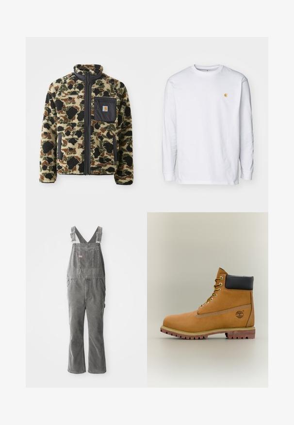Chaqueta de forro polar texturizado con un patrón de leopardo en tonos marrón, negro y verde, que cuenta con un cierre frontal de cremallera y un bolsillo negro con un emblema.; Camiseta de manga larga blanca de algodón. Cuenta con un pequeño logo dorado en el pecho y un cuello redondo. Diseño simple y corte estándar.; Pantalones de mezclilla gris con tirantes ajustables, bolsillo en el pecho delantero, bolsillos laterales y piernas acampanadas. Tela resistente y corte relajado para mayor comodidad.; Bota de tobillo de cuero marrón con cuello negro, cordones amarillos y suela beige. Presenta un logotipo y detalles de costura blanca. Suela exterior con tracción robusta.