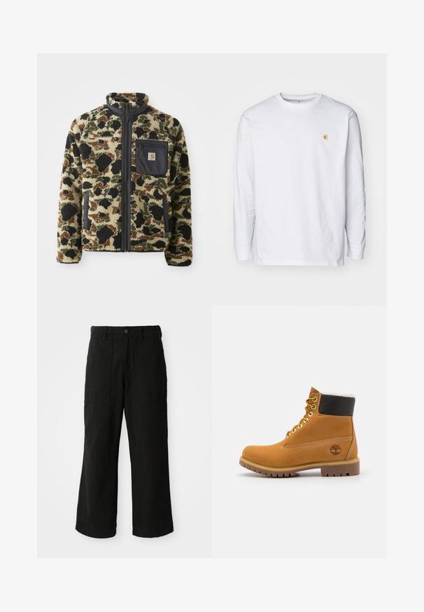 Veste en polaire texturée avec un motif léopard en tan, noir et vert, comportant une fermeture éclair à l'avant et une poche noire avec un emblème.; T-shirt à manches longues blanc en coton. Présente un petit logo doré sur la poitrine et un col rond. Design simple et coupe standard.; Pantalons noirs à large jambe en tissu doux, dotés de poches avant et d'une fermeture à bouton à la taille. Design minimaliste sans motifs visibles.; Bottine en cuir brun avec œillets en métal, doublure en fourrure blanche, col rembourré noir, semelle robuste et logo en relief sur le côté.