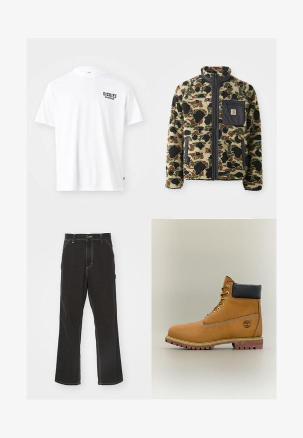 Chaqueta de forro polar texturizado con un patrón de leopardo en tonos marrón, negro y verde, que cuenta con un cierre frontal de cremallera y un bolsillo negro con un emblema.; Camiseta de algodón blanca con cuello redondo, mangas cortas y un pequeño logo negro de "Dickies Workwear" en el lado izquierdo del pecho. Textura suave, corte estándar.; Pantalones de mezclilla negros con corte recto, costuras blancas en contraste, bolsillos frontales y cierre de botón en la cintura.; Bota de tobillo de cuero marrón con cuello negro, cordones amarillos y suela beige. Presenta un logotipo y detalles de costura blanca. Suela exterior con tracción robusta.
