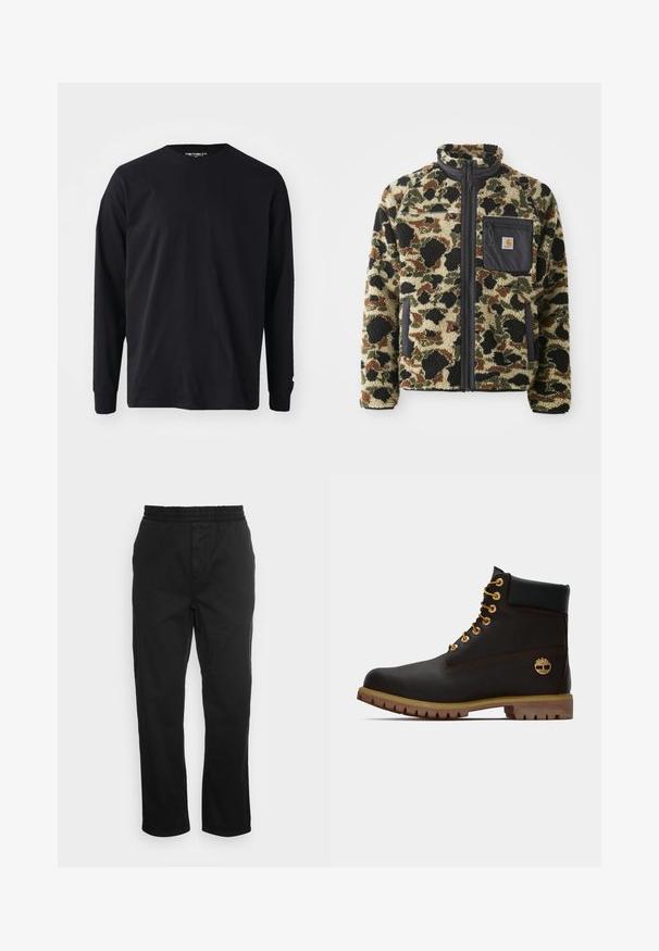 Chaqueta de forro polar texturizado con un patrón de leopardo en tonos marrón, negro y verde, que cuenta con un cierre frontal de cremallera y un bolsillo negro con un emblema.; Camiseta negra de manga larga hecha de algodón, con un escote redondo y corte recto, que presenta un pequeño detalle de logo en la manga.; Pantalones de algodón negros con cintura elástica, piernas rectas y bolsillos laterales. Textura suave sin patrones ni acentos.; Bota de cuero negro de tobillo con ojales dorados, acentos marrones y suela de goma. Presenta un cuello acolchado y un logotipo en relieve en el costado.