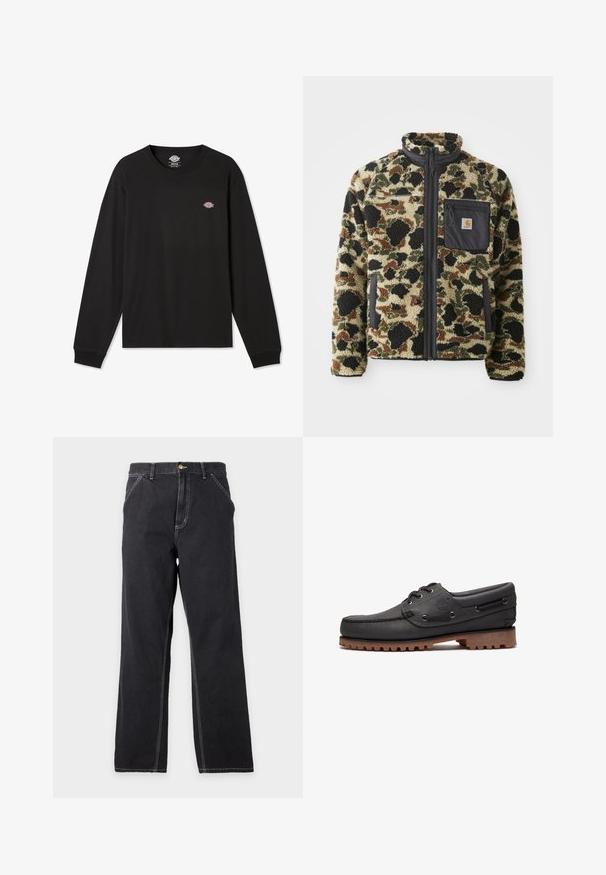 Chaqueta de forro polar texturizado con un patrón de leopardo en tonos marrón, negro y verde, que cuenta con un cierre frontal de cremallera y un bolsillo negro con un emblema.; Camiseta negra de manga larga de algodón, con un pequeño logo multicolor de Dickies en la parte izquierda del pecho y puños acanalados.; Vaqueros negros de pierna recta con bolsillos delanteros, trabillas para el cinturón y costuras blancas visibles sobre un fondo liso gris claro.; Zapato náutico de cuero negro con detalles de cordones, puntera redonda, suela de goma marrón texturizada y lados de cuero cosidos.