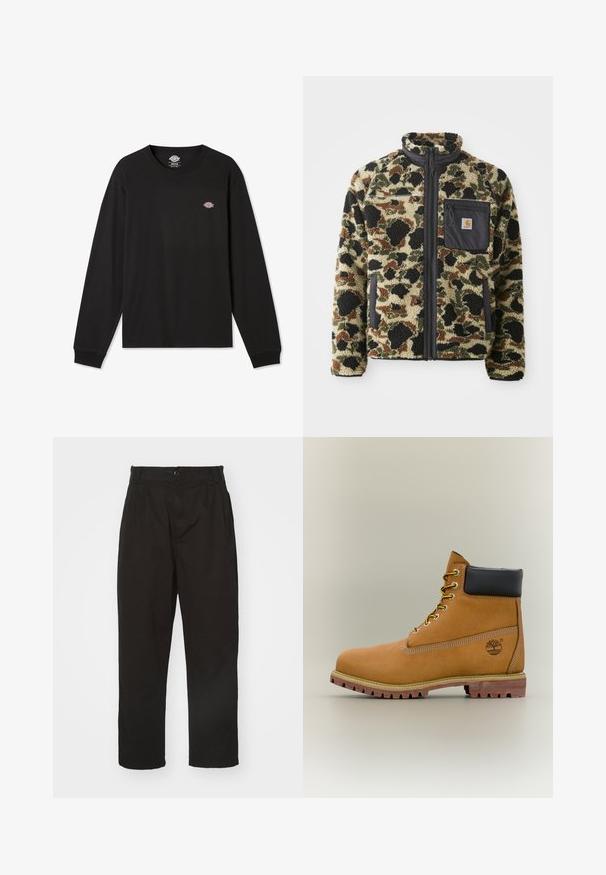 Textureret fleecetrøje med leopardmønster i tan, sort og grøn, der har en frontlynlås og en sort lomme med et emblem.; Sort langærmet T-shirt i bomuld med et lille flerfarvet Dickies-logo på venstre brystområde og ribbede manchetter.; Sorte bukser lavet af glat stof, med knaplukning, lige pasform og to frontfolder for ekstra detalje.; Brun læderankelstøvle med sort krave, gule snørebånd og tanfarvet sål. Har logo og hvide syninger som detalje. Robust ydersål med greb.