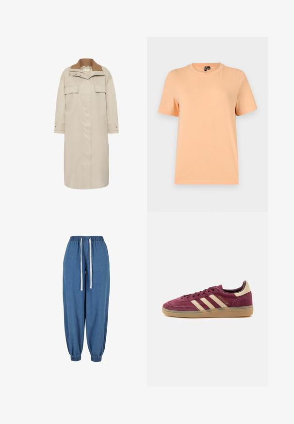 Lange beige jas met drukknoop- en ritssluiting, klepzakken op de borst en een contrasterende bruine ribfluwelen kraag.; Effen perzikkleurig T-shirt met korte mouwen en ronde hals, met zwarte maatlabels binnen in de kraag, afgebeeld op een lichtgrijze achtergrond.; Blauwe denim joggerbroek met elastische tailleband en boorden, met witte aantrekkoorden in de taille.; Laag silhouet bordeaux suède sneaker met beige Adidas-strepen, rubberen zool en goudkleurige "Spezial"-letters opzij, afgebeeld op een witte achtergrond.