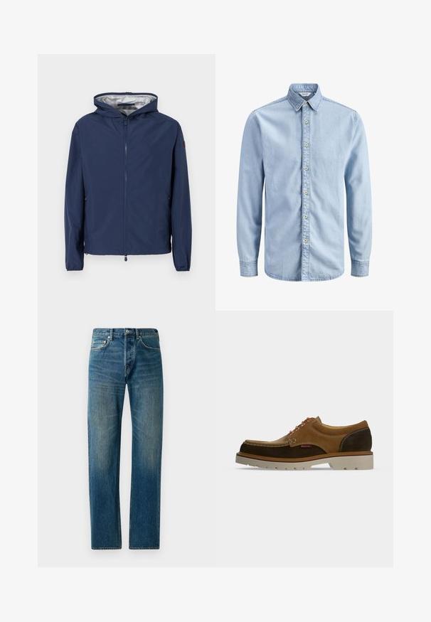 Marineblaue Kapuzenjacke mit durchgehendem Frontreißverschluss, elastischen Bündchen und Reißverschlusstaschen an den Seiten, vor einem einfarbigen Hintergrund dargestellt.; Hellblaues Denim-Longsleeve-Hemd mit Button-Down-Kragen und einer Reihe von sieben beigen Knöpfen vorne.; Blaue Denim-Jeans im Straight-Leg-Design, ausgestattet mit einem Fünf-Taschen-Stil, dezenten Verwaschungen und kontrastierenden Nähten.; Brauner und beiger Wildleder-Schnürschuh mit dicker weißer Sohle und kontrastierenden Nähten auf einfarbigem Hintergrund.