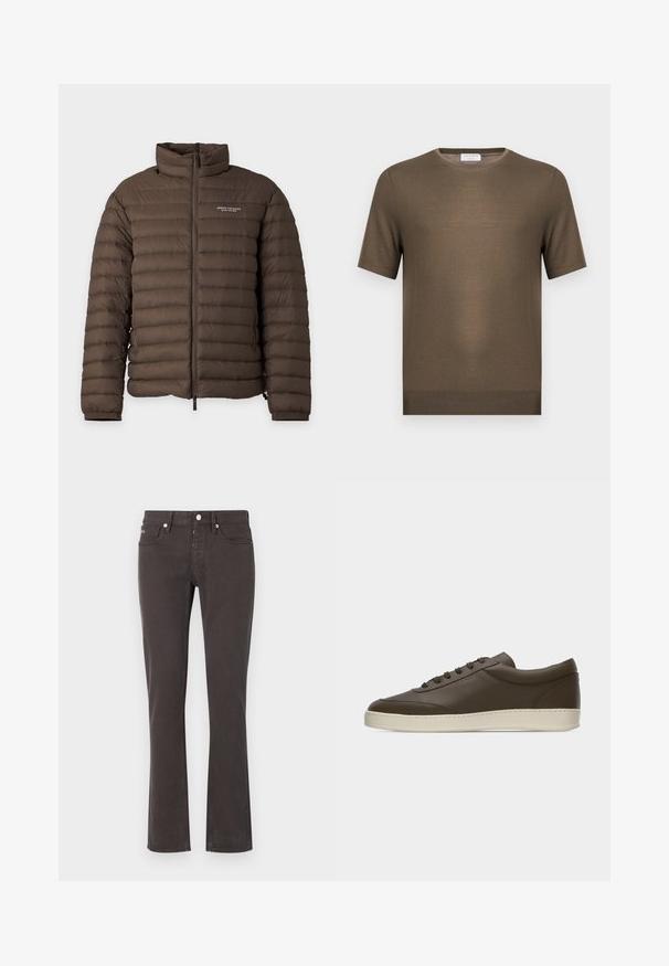 Pruun termokattega tikanditega jope esiluku ja Armani Exchange logoga vasakul rinnal, kõrge krae ja elastsete mansettidega.; Lühikeste varrukatega oliivroheline kootud kampsun ümar kaeluse ja soonikkoes äärega, esitatud ühevärvilisel valgel taustal.; Mustad mustadest denimist valmistatud flared-tehnikaga teksad. Omavad viit taskut, vöölõikeid ja metallist detaile. Sile tekstuur kerge venitamisega.; Tumepruuni madala säärega nahast tennisking, ees paelaga ja koorevärvi kummist tallaga, näidatud valgel taustal välisküljelt.