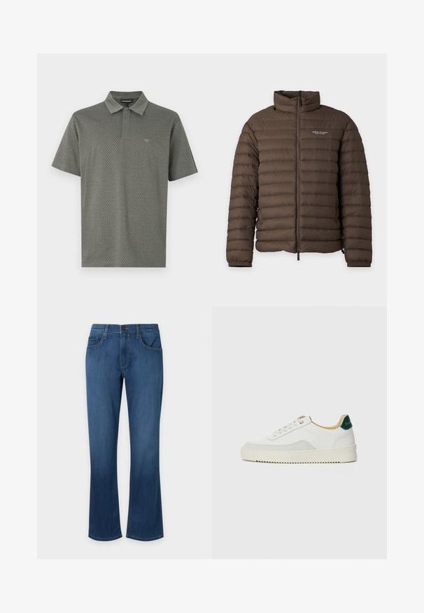 Veste matelassée marron avec fermeture éclair à l'avant et logo Armani Exchange sur la poitrine gauche, col montant et poignets élastiques.; Polo à manches courtes de couleur vert foncé avec un motif géométrique texturé, col classique et logo discret brodé sur la poitrine.; Jean en denim bleu avec bouton et fermeture éclair à l'avant, style cinq poches, jambes légèrement évasées sur fond uni.; Baskets blanches avec des accents en daim, bout arrondi, lacets plats et semelle en caoutchouc crème. Présente une marque verte sur le talon.