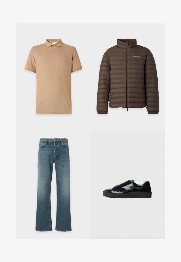Veste matelassée marron avec fermeture éclair à l'avant et logo Armani Exchange sur la poitrine gauche, col montant et poignets élastiques.; Polo beige à manches courtes avec deux boutons et un logo brodé discret sur la poitrine gauche, présenté sur un fond uni.; Jean en denim bleu avec un léger évasement en bas, design classique à cinq poches, fermeture par bouton et fermeture éclair, et légère décoloration sur les cuisses.; Baskets en cuir verni noir avec un bout arrondi, un laçage, une semelle en caoutchouc texturé et une finition lisse.